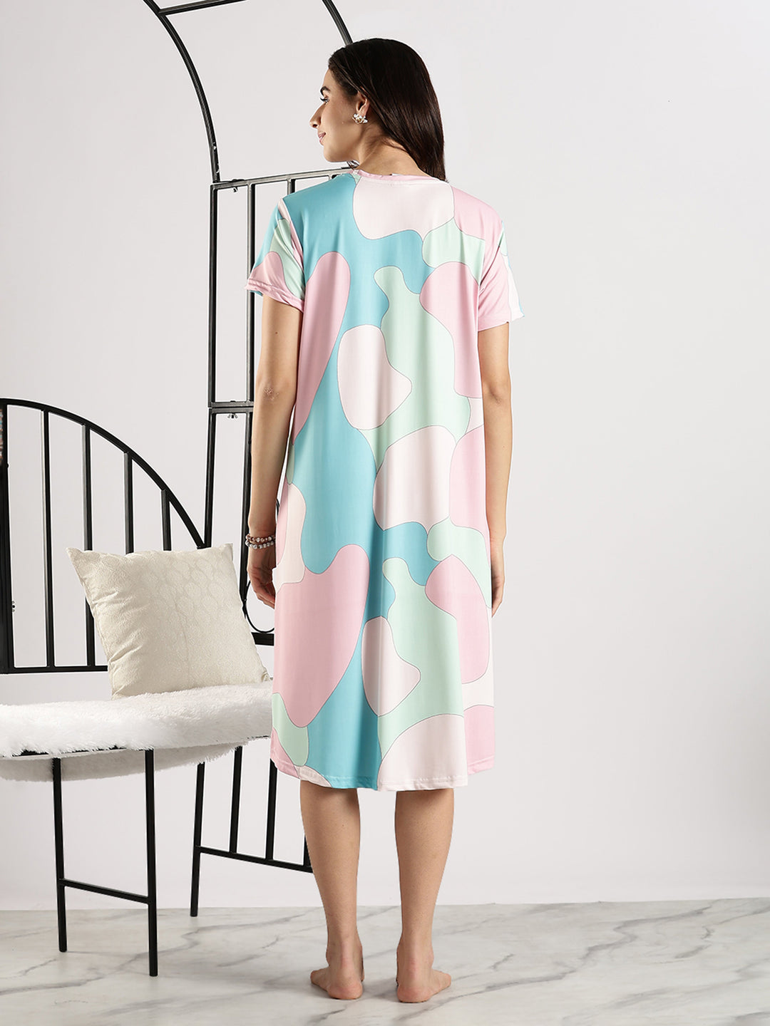 Gloss malai soft lycra white printed short nighty dress