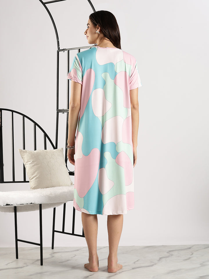 Gloss malai soft lycra white printed short nighty dress