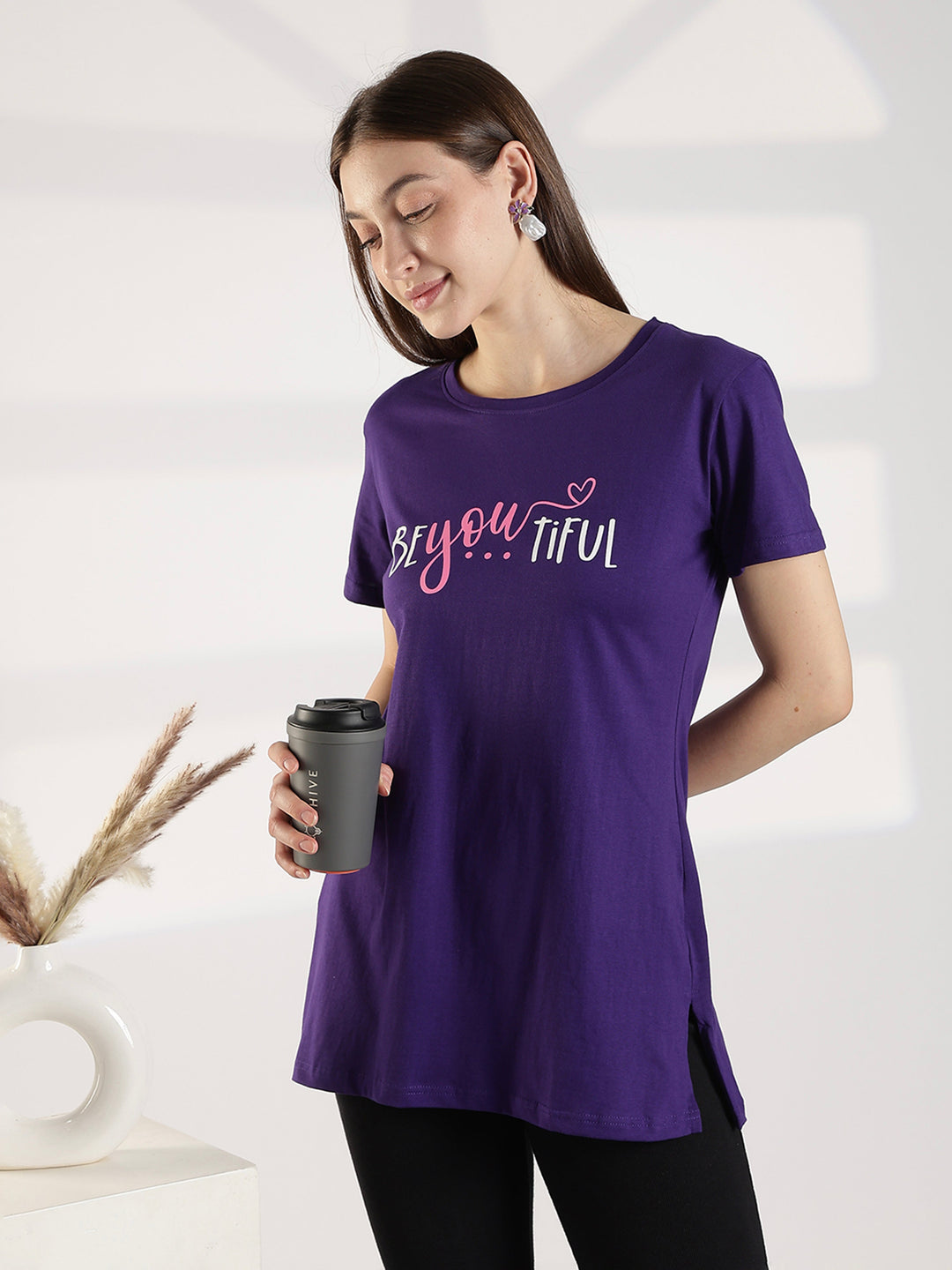 Ultra Violet Cotton Long T Shirt for Women with Pocket