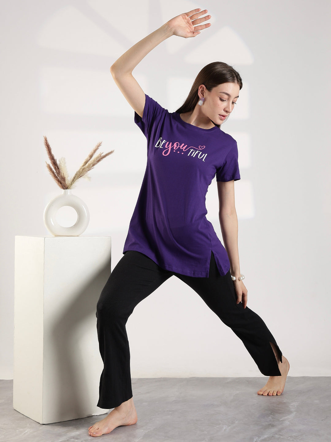 Ultra Violet Cotton Long T Shirt for Women with Pocket