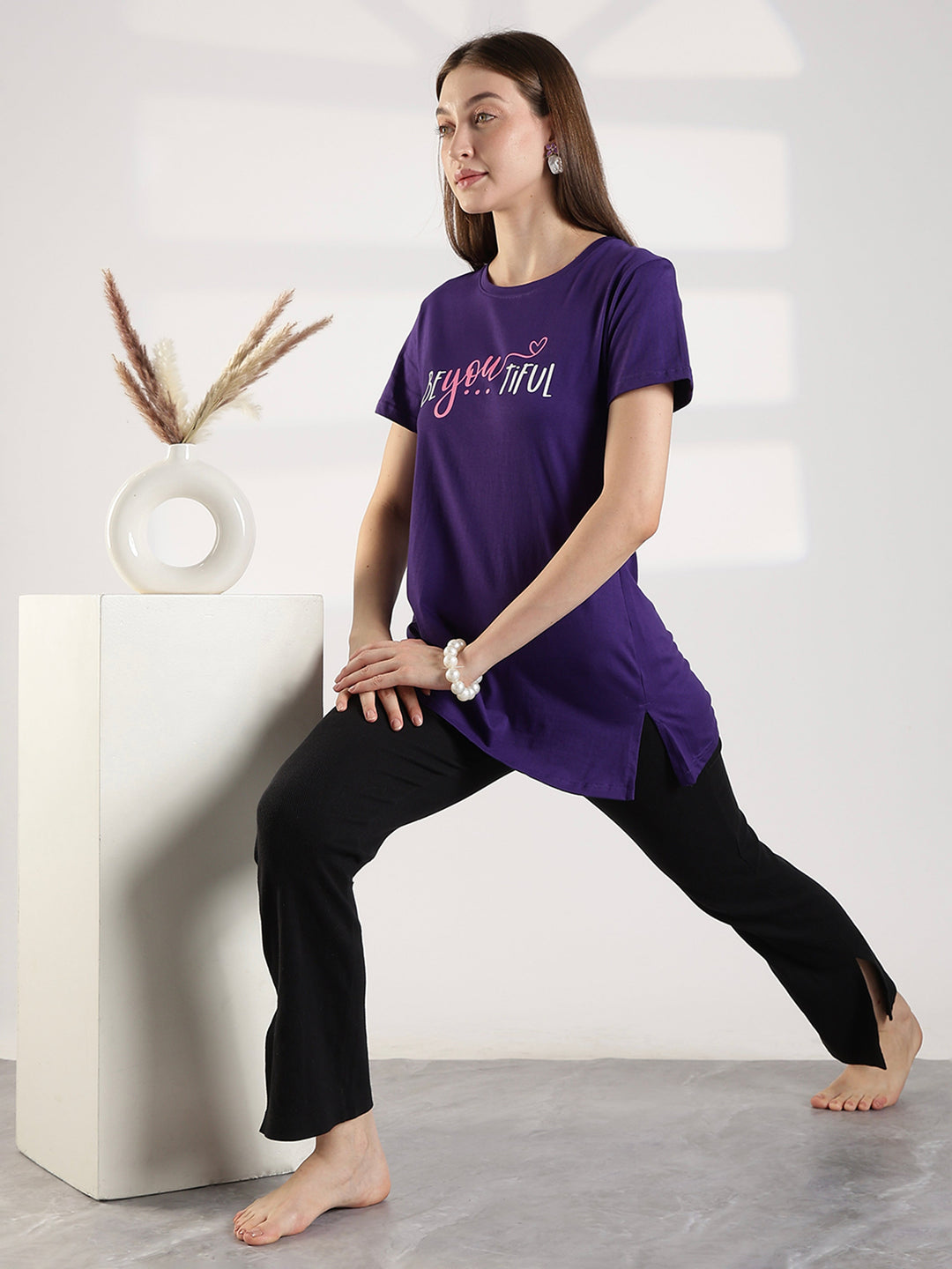 Ultra Violet Cotton Long T Shirt for Women with Pocket