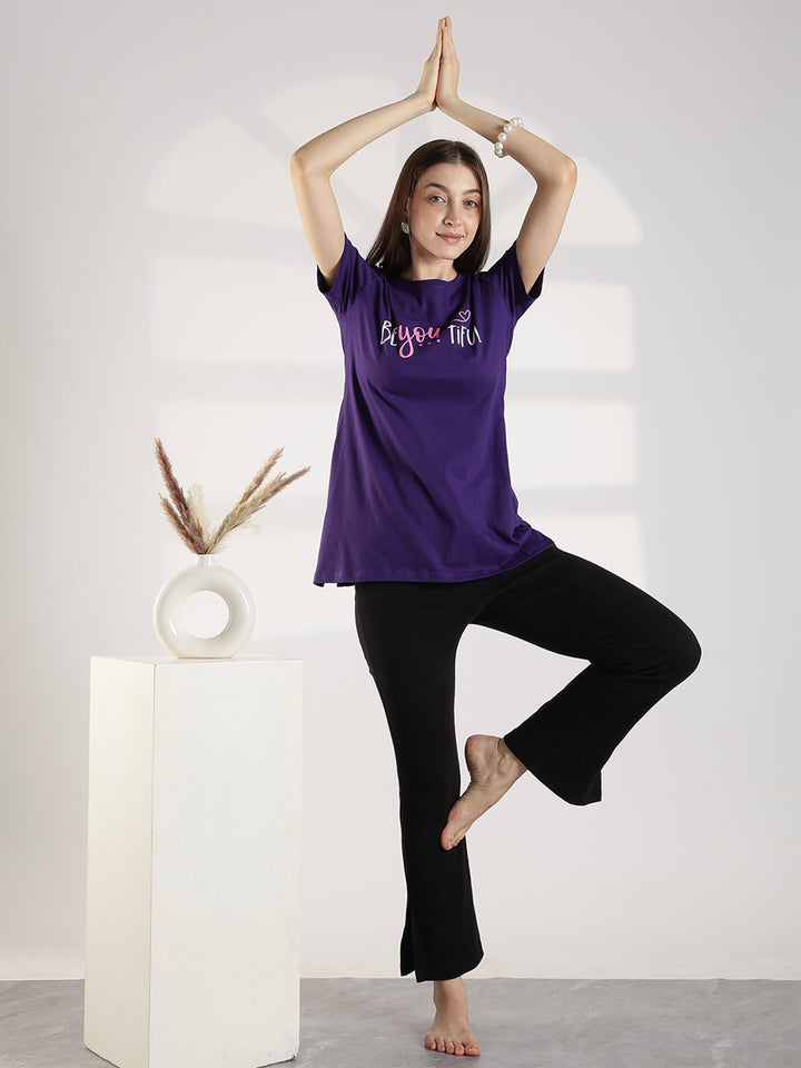 Ultra Violet Cotton Long T Shirt for Women with Pocket