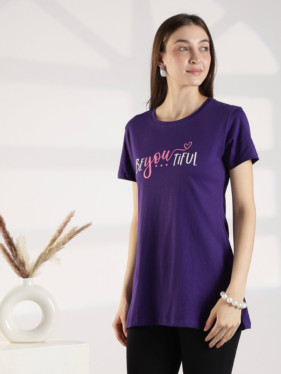 Ultra Violet Cotton Long T Shirt for Women with Pocket