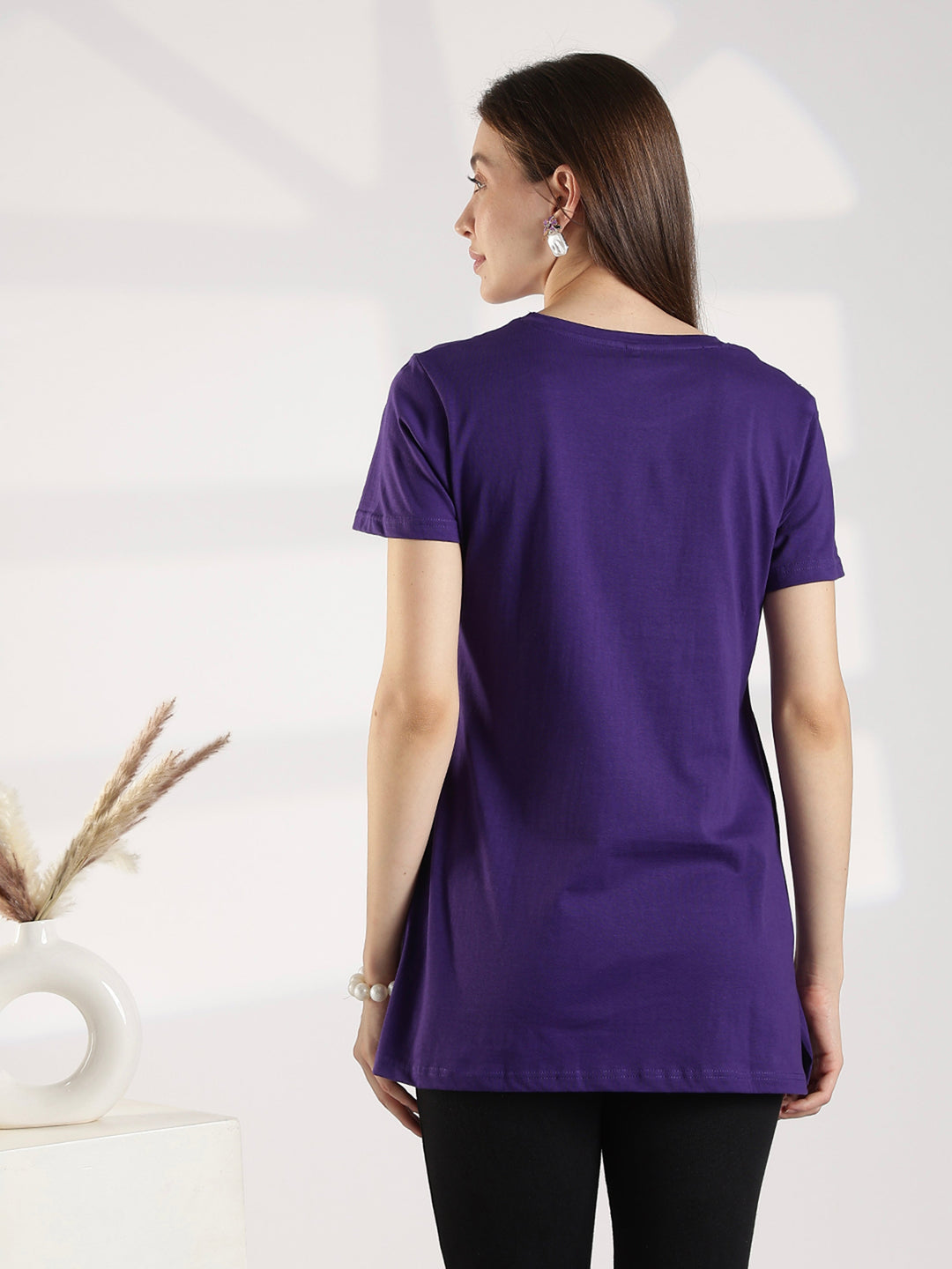Ultra Violet Cotton Long T Shirt for Women with Pocket