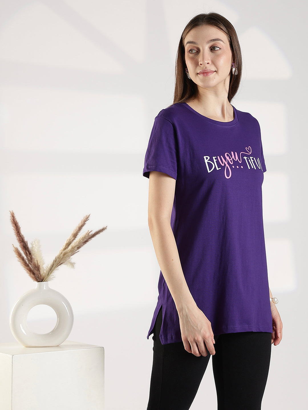 Ultra Violet Cotton Long T Shirt for Women with Pocket
