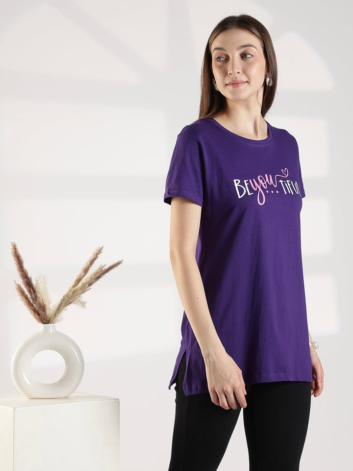 Ultra Violet Cotton Long T Shirt for Women with Pocket