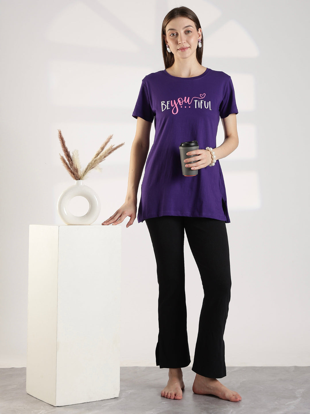 Ultra Violet Cotton Long T Shirt for Women with Pocket
